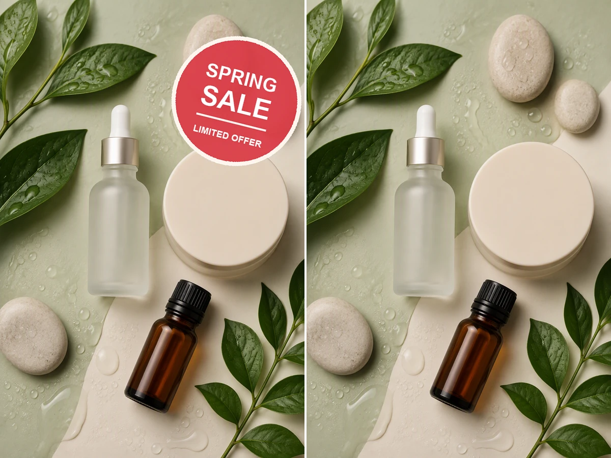 Before-and-after skincare flat lay with a SPRING SALE sticker removed.