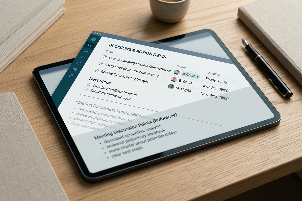 Tartışma noktalarından ayrılmış, sahip ve son tarihlerle kararları ve aksiyon maddelerini vurgulayan tablet ekranı