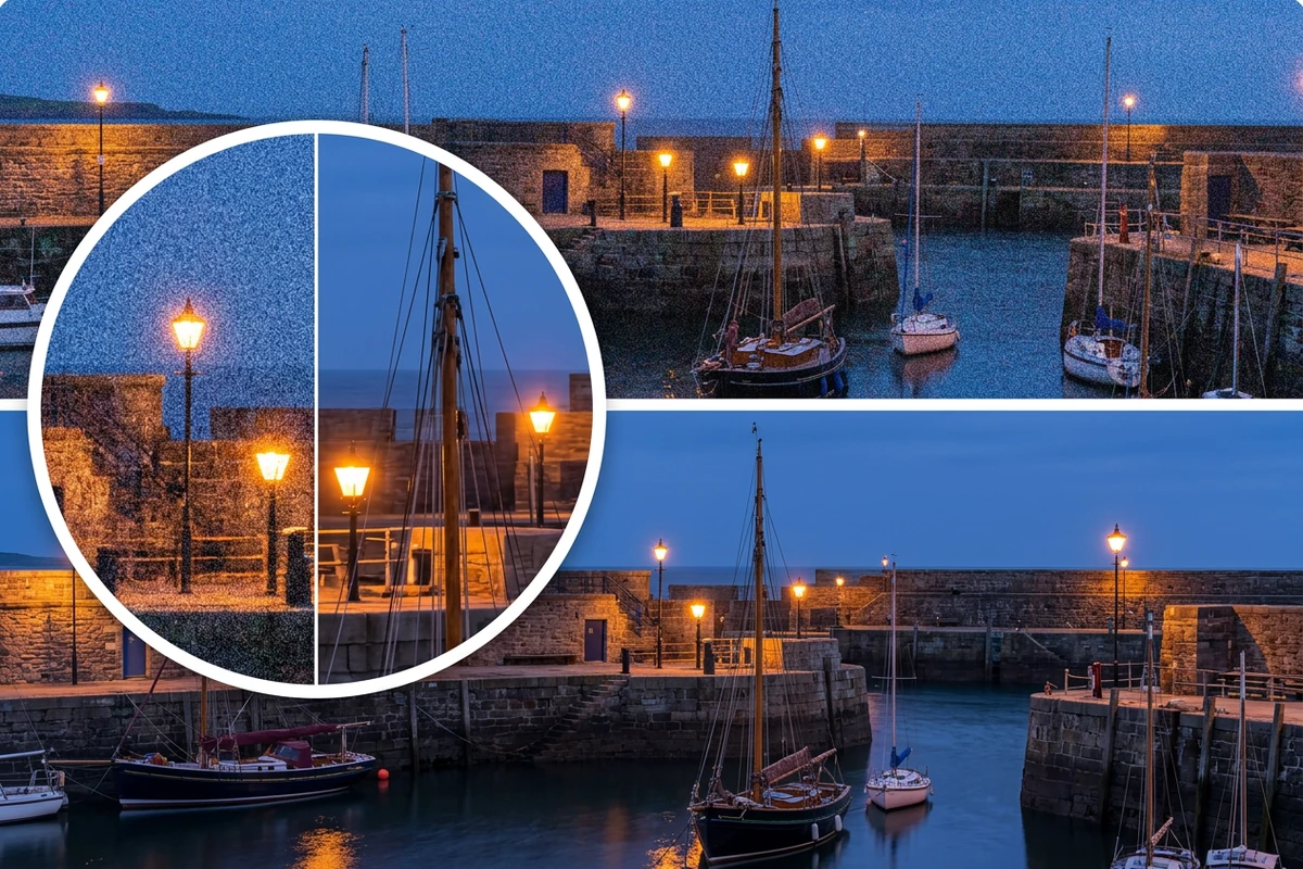 Illustrative harbor noise comparison with a grainier top view, cleaner bottom view, and a circular detail inset around lights and boat masts.