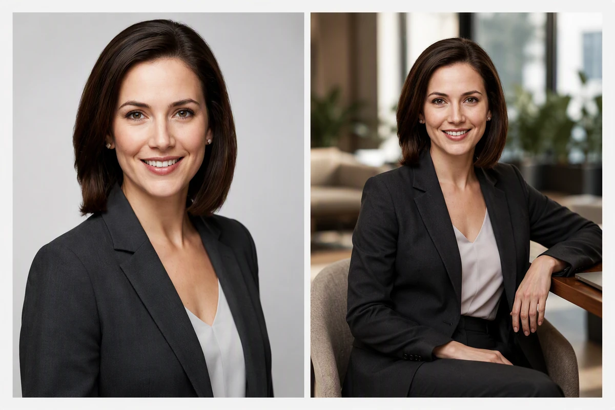 Two professional portraits show the same woman in studio and office settings with natural facial detail preserved