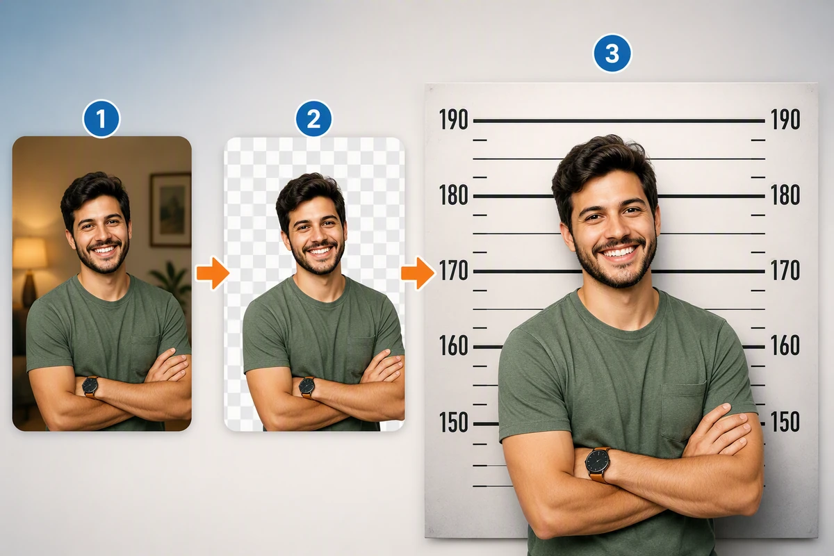 Three-step portrait workflow showing a man cut out from a room and placed on a numbered height-chart wall.