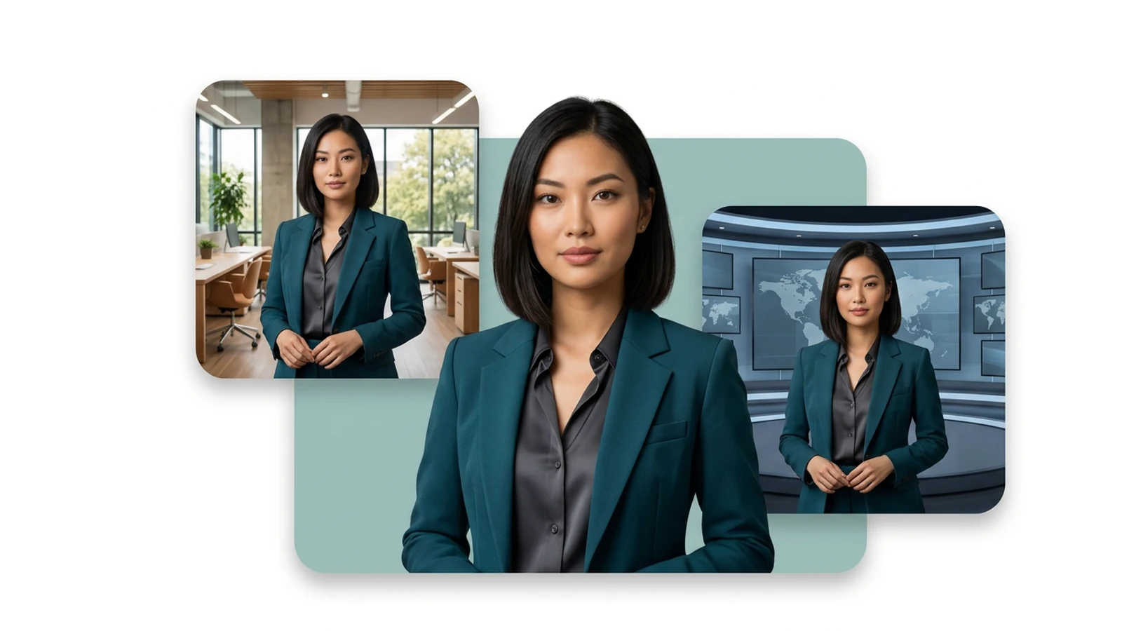 Colagem de uma influenciadora de IA do Leste Asiático com bob escuro e blazer teal: retrato central grande com inserções de escritório e estúdio de notícias em painel sage sobre fundo branco