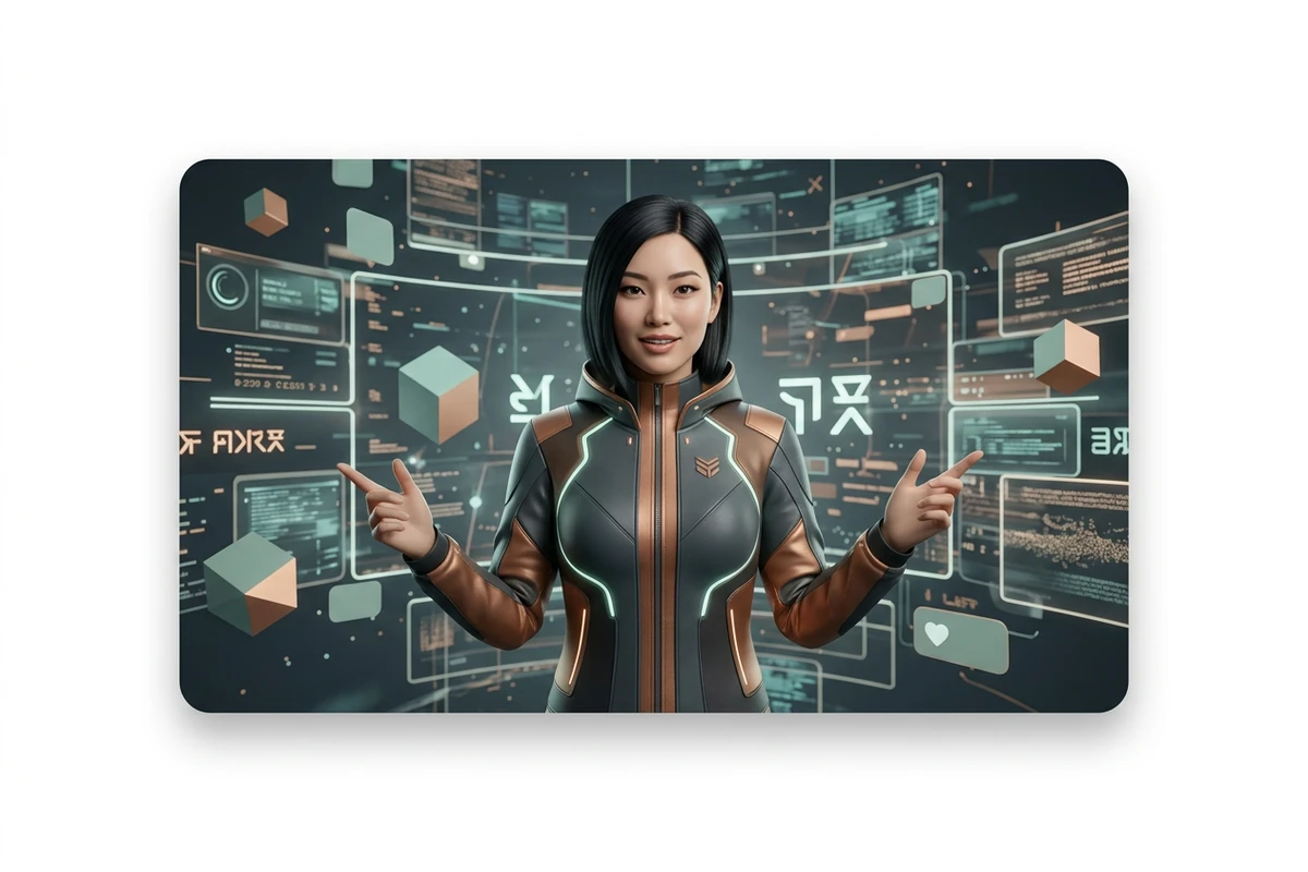 Cartão arredondado no branco com influenciadora digital futurista em techwear carvão-cobre entre UI holográfica em sage e cobre
