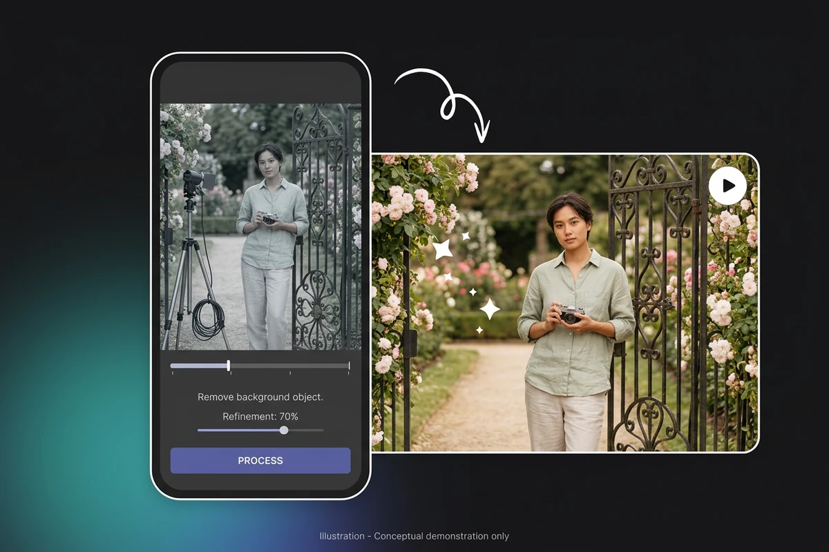 Illustrative unbranded phone and video frames of a photographer at a garden gate with conceptual equipment removal.
