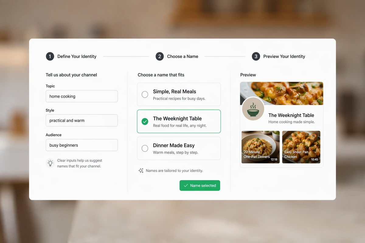 Channel identity details, name options, and a selected cooking channel preview