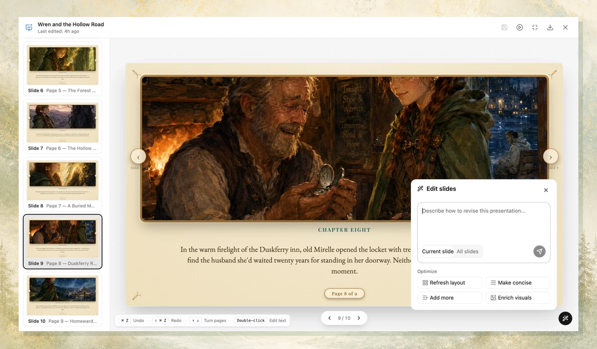 Ottermind story editor showing controls to revise the current page or all pages, placed on a light editorial fantasy backdrop