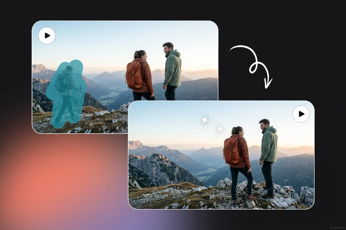 Illustrative mountain video frames keeping two hikers while conceptually removing a peripheral passerby.