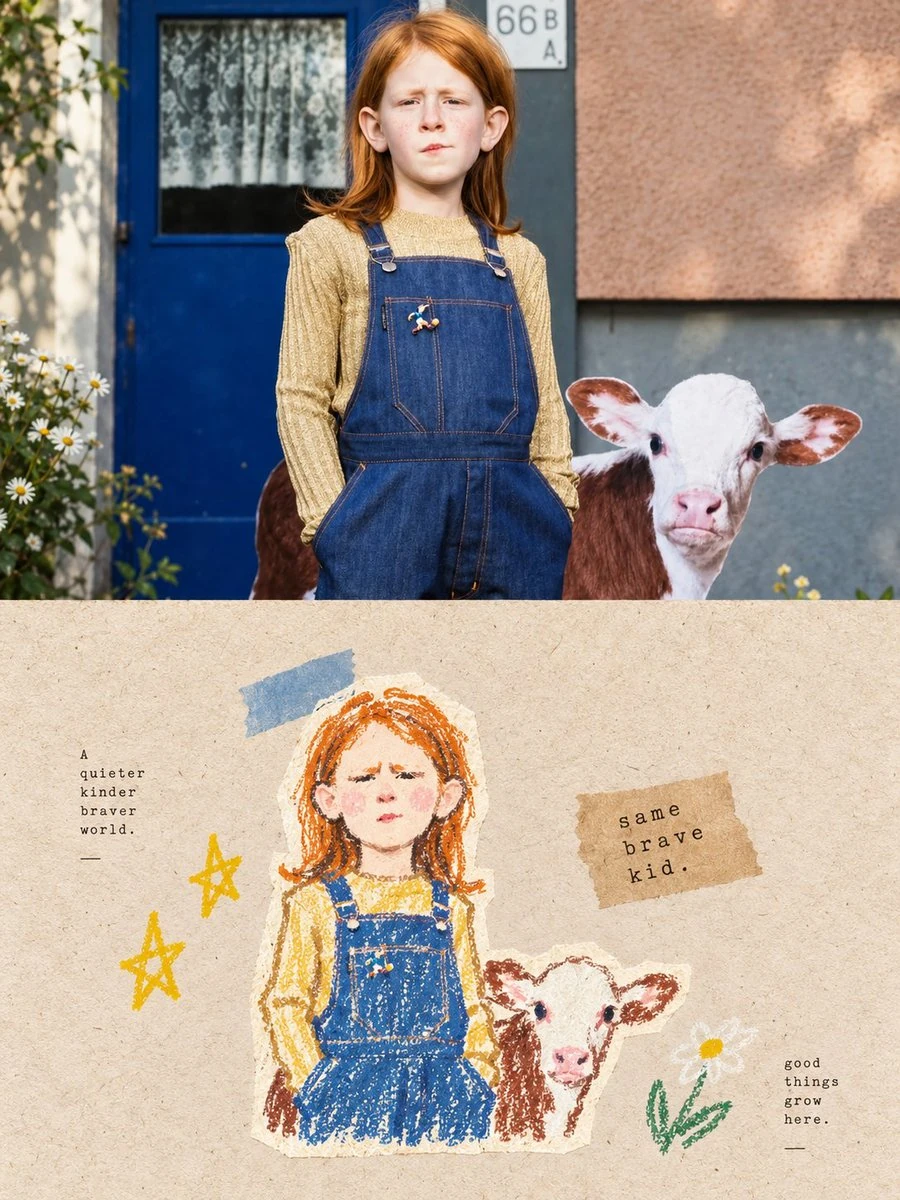 소녀와 소의 크레용 초상화