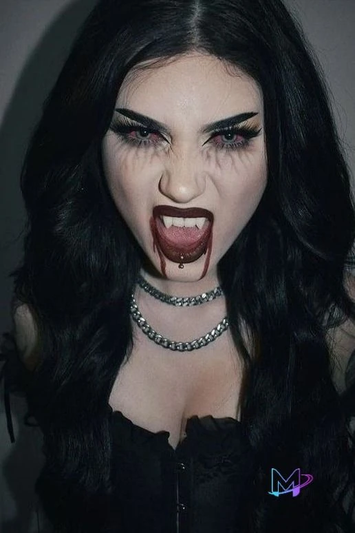 Vampire with pale fangs and a choker