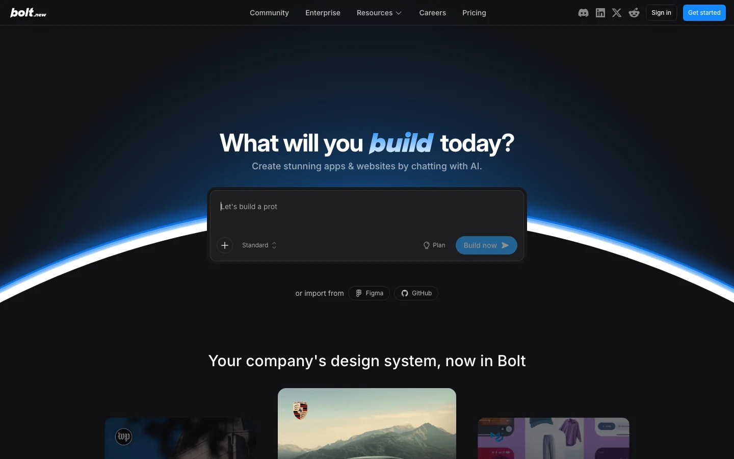 Bolt.new homepage showing browser-based app generation from prompts