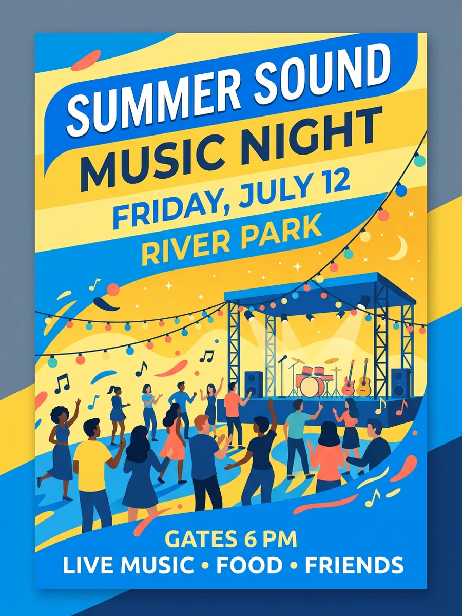 Açık hava kalabalığı ve sahne illüstrasyonu bulunan elektrik mavisi ve sarı Summer Sound müzik gecesi el ilanı.