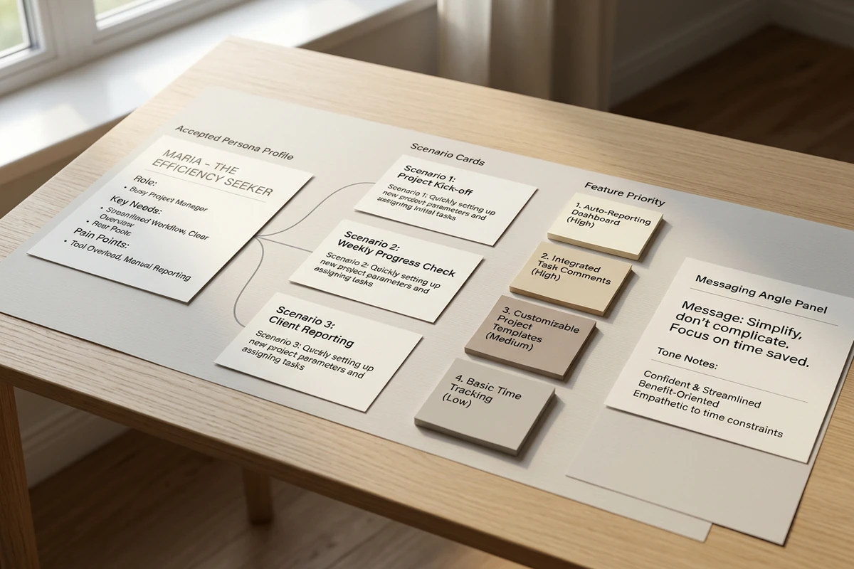 Accepted persona profile linked to scenario cards, feature priority sticky notes, and a messaging angle panel on a desk.