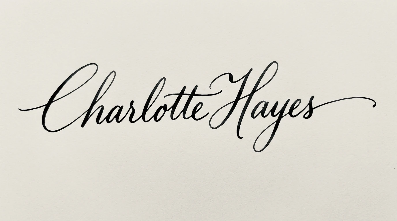 Charlotte Hayes in elegant black cursive handwriting on textured white paper