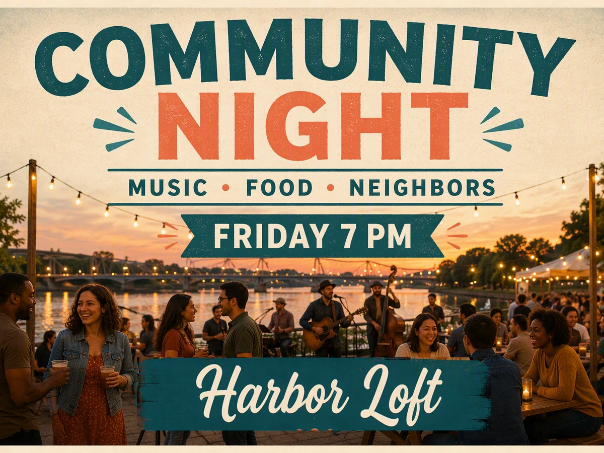 Community night event poster with the venue changed to Harbor Loft