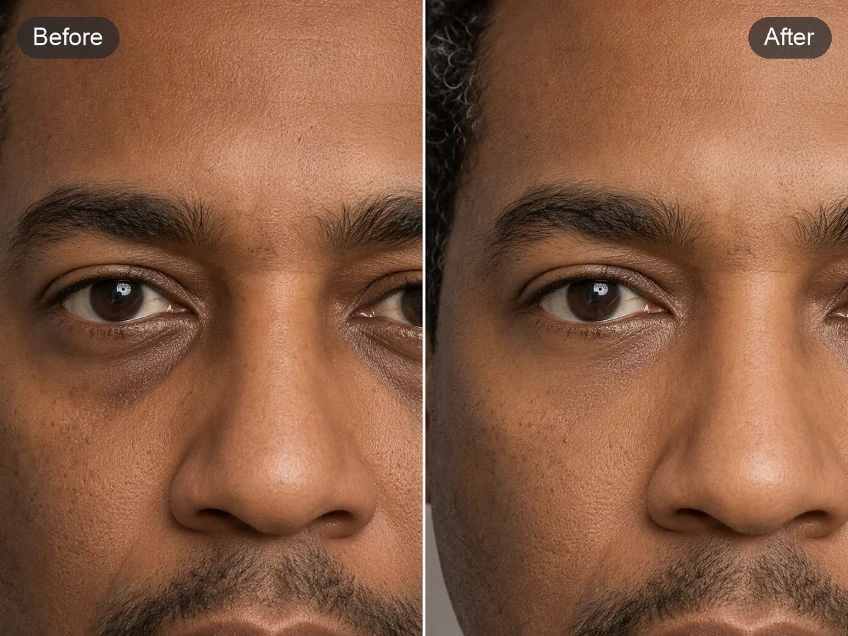 Eye-detail before-and-after retouching comparison showing subtle under-eye tone balancing