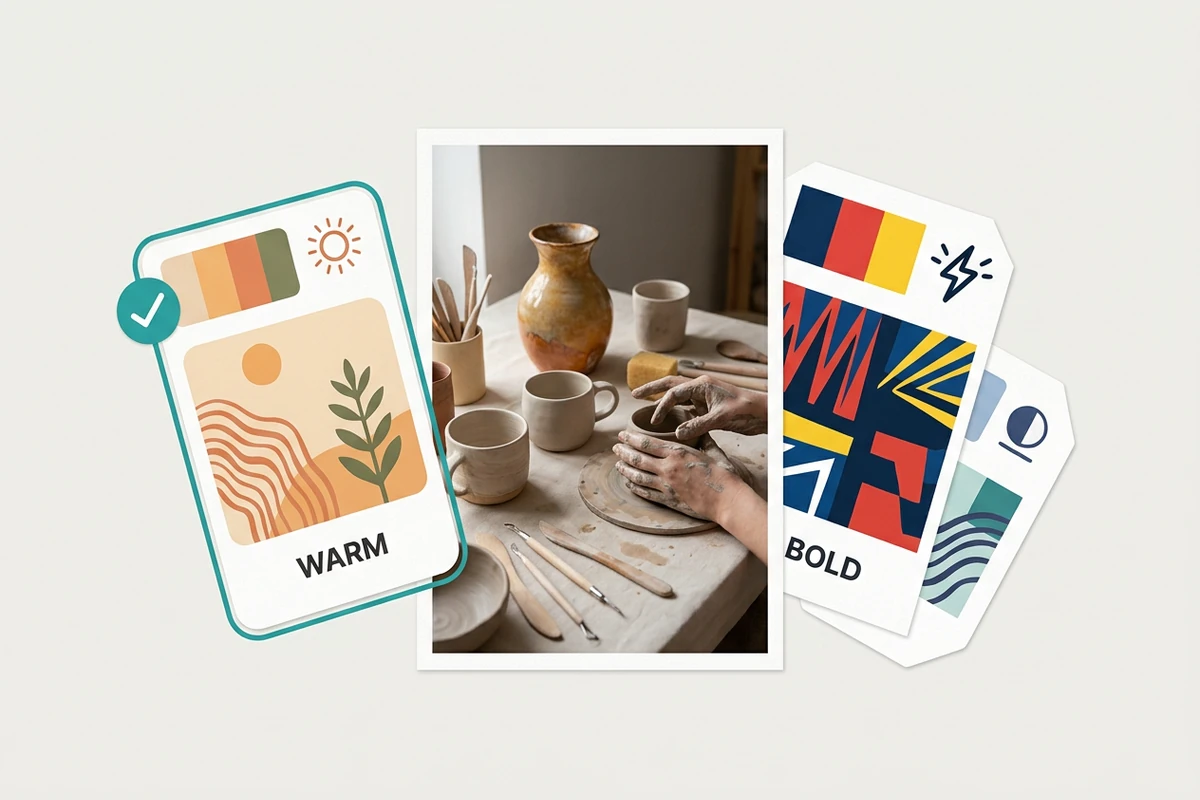 A pottery studio photo between three visual tone cards, with the warm style selected beside a bold alternative.