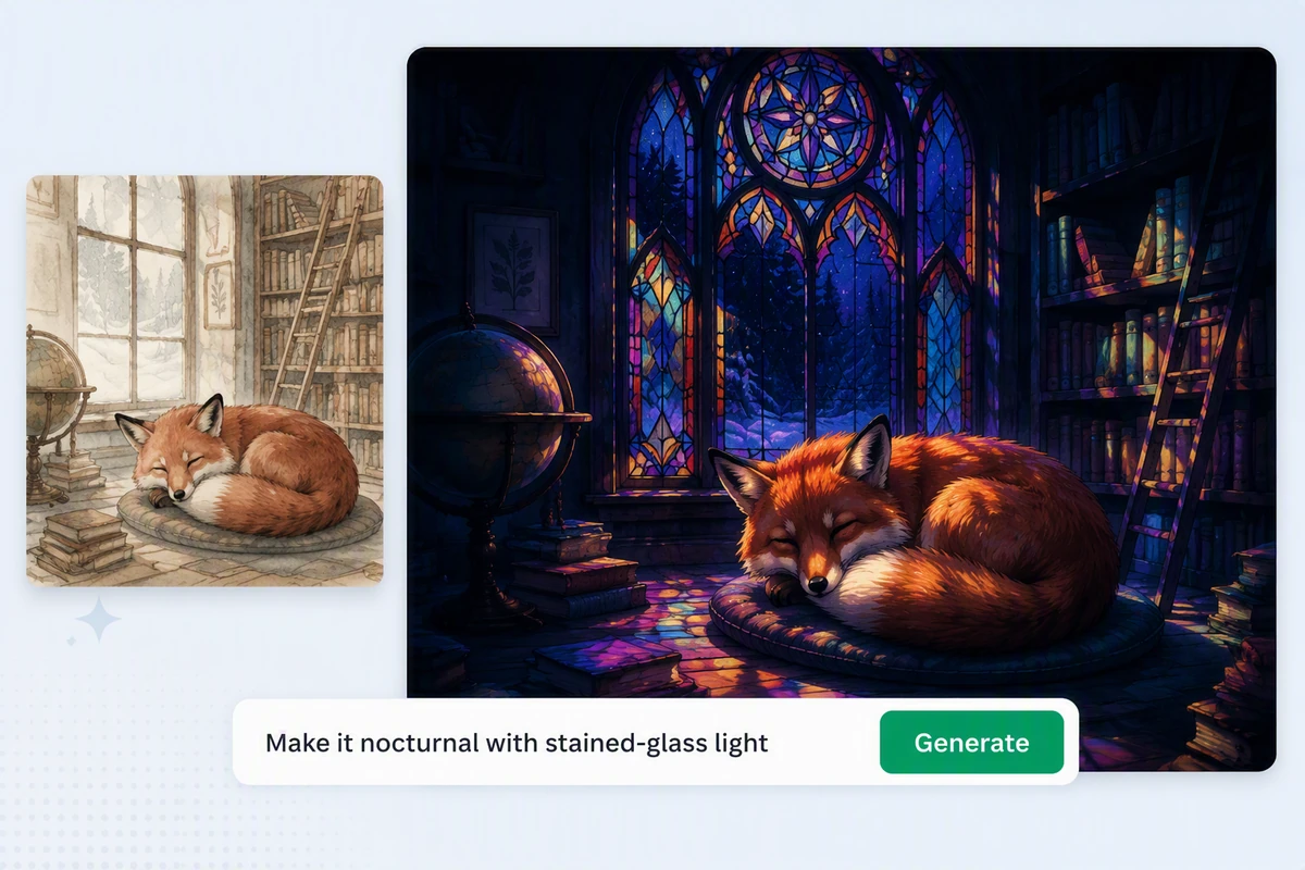 A watercolor fox library scene refined into nocturnal stained-glass art