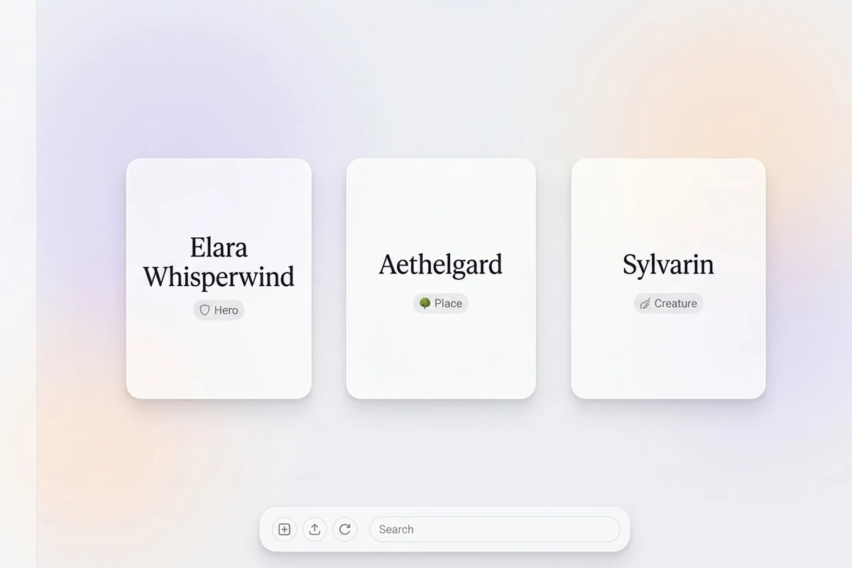 Trois cartes blanches verticales étiquetées Héros, Lieu et Créature sur une brume pastel douce, chacune avec un nom fantastique fictif.