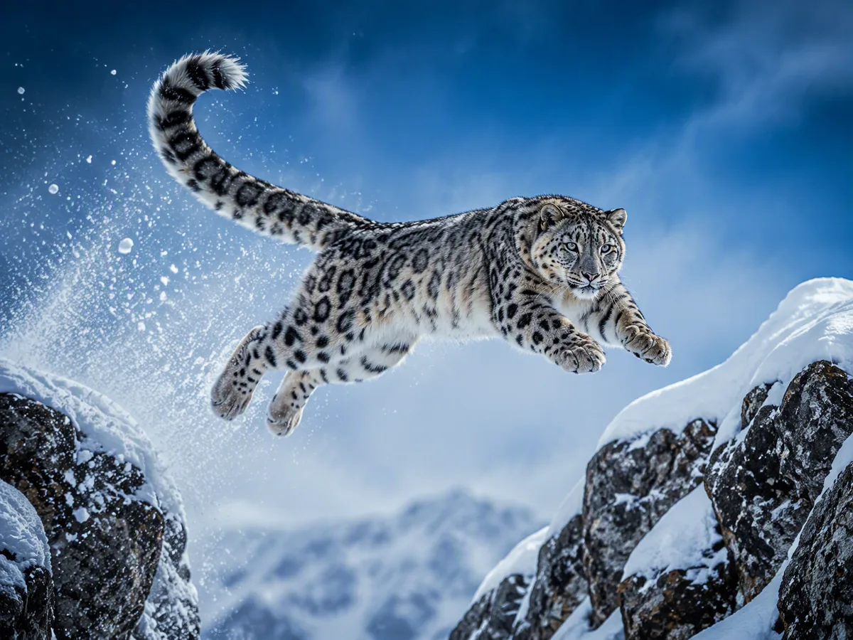 Sharply enhanced snow leopard leaping between snowy ridges with crisp fur and mountain detail.
