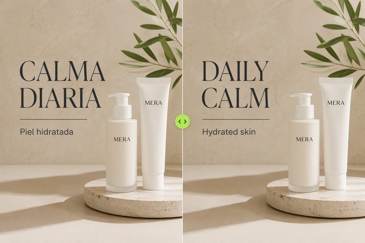 Aligned Spanish and English versions of a fictional cosmetics ad in a split before-and-after comparison.