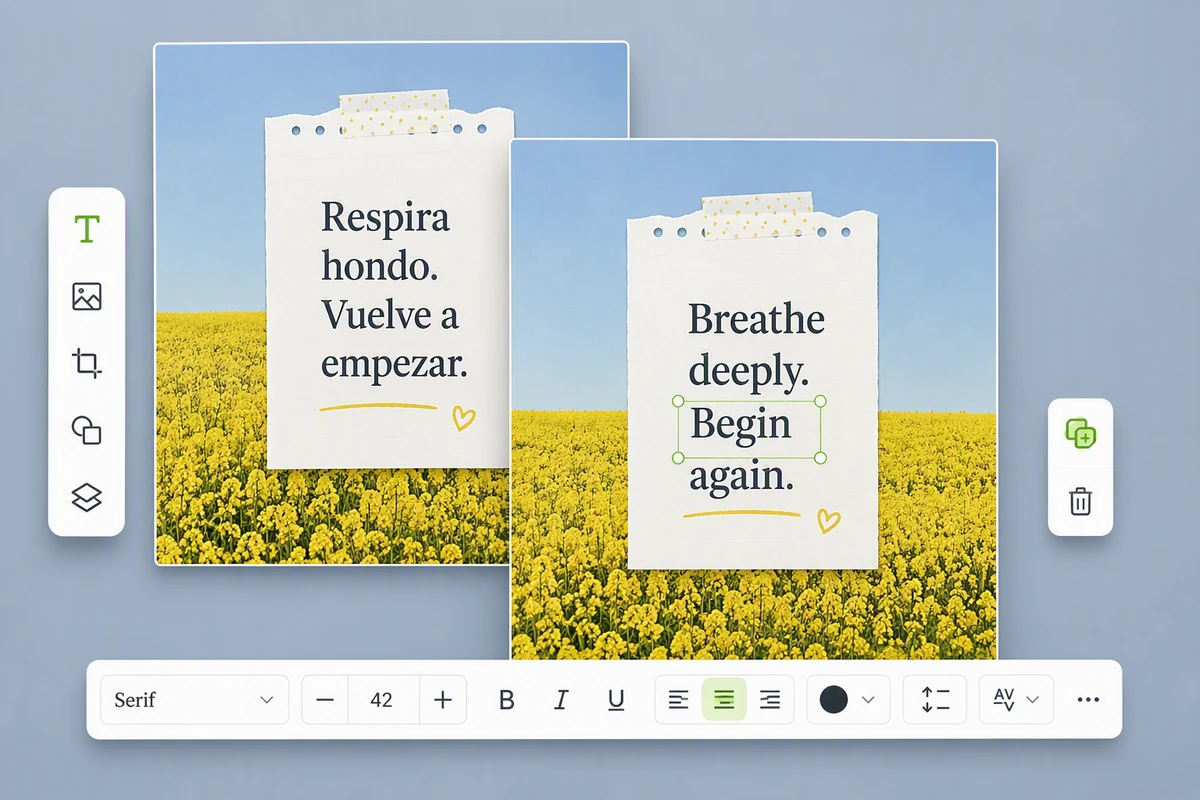 Spanish and English quote posters in a text editor with typography, alignment, color, and spacing controls.