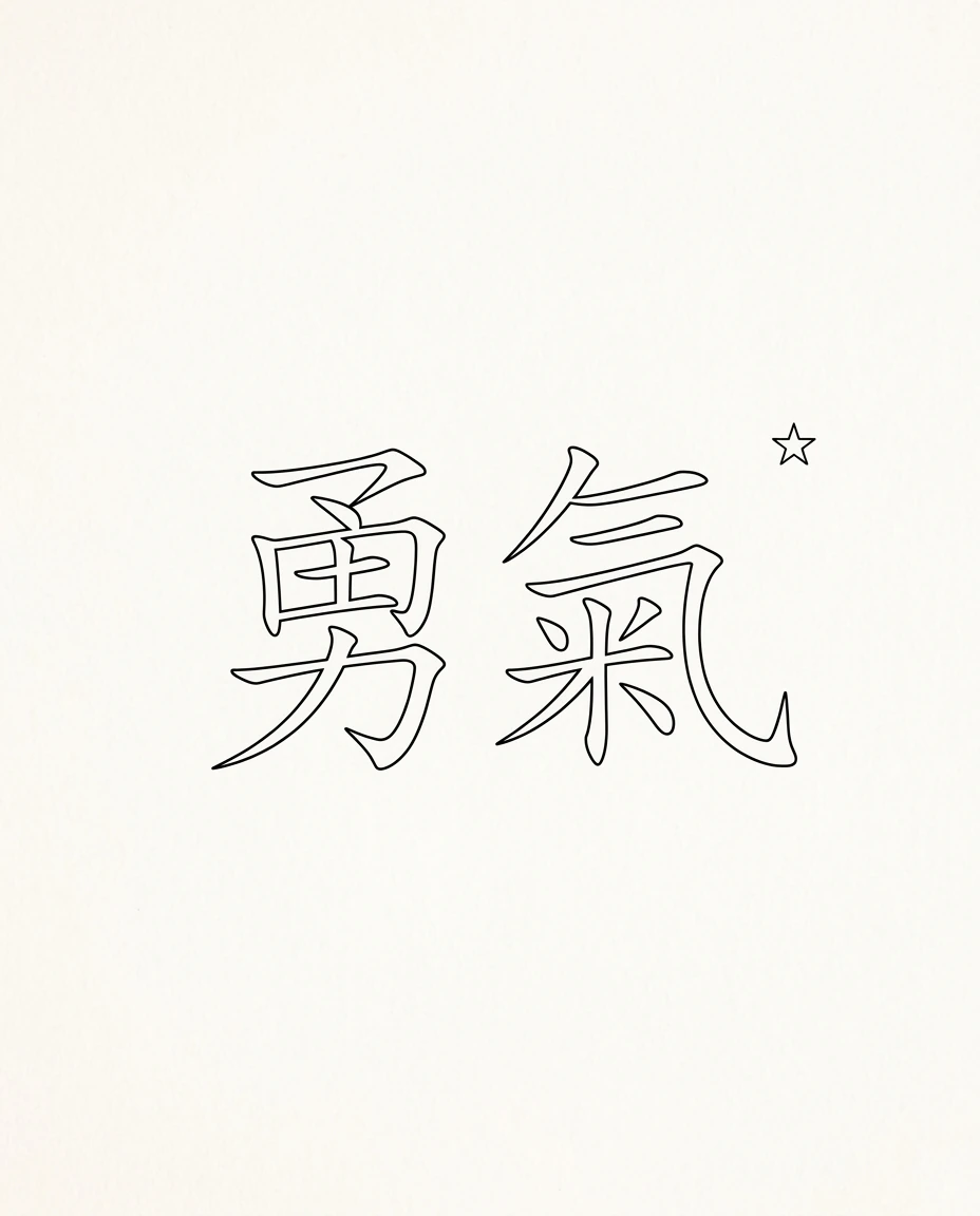 繁體勇氣二字以細黑墨線寫成刺青字樣並搭配小型星星或蝴蝶符號