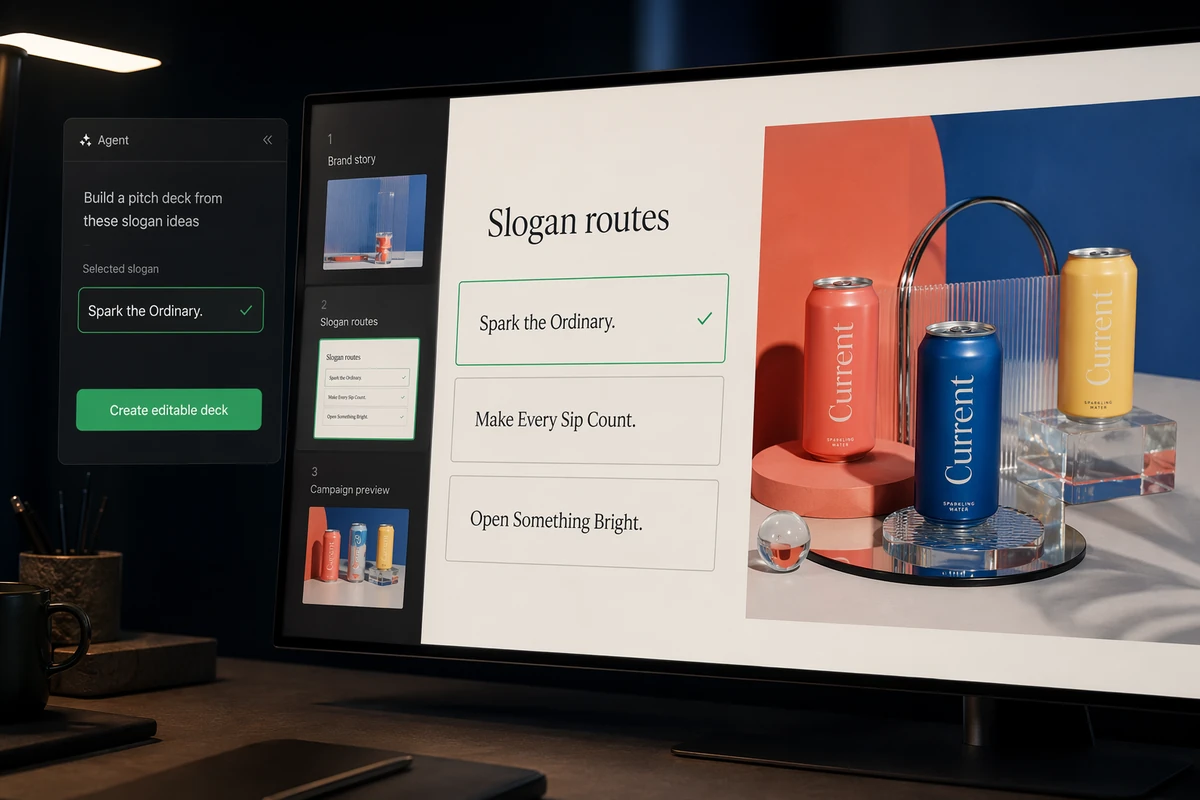 Slogan candidates organized into an editable brand proposal presentation