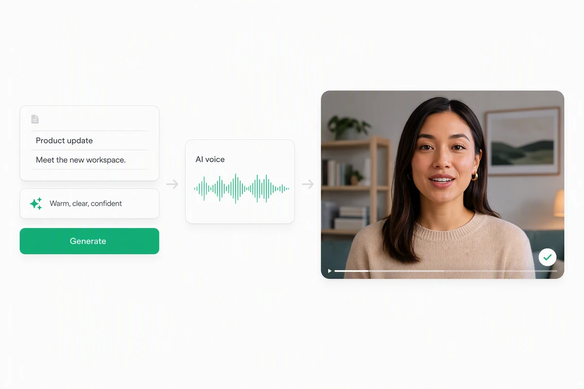 A written script and delivery note becoming an AI voice and speaking video