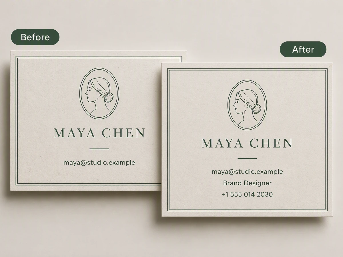 Before and after business cards adding a Brand Designer role and phone number