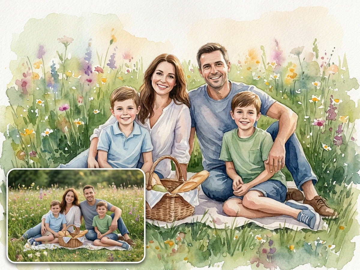 Watercolor family picnic portrait in a meadow with the original photo inset