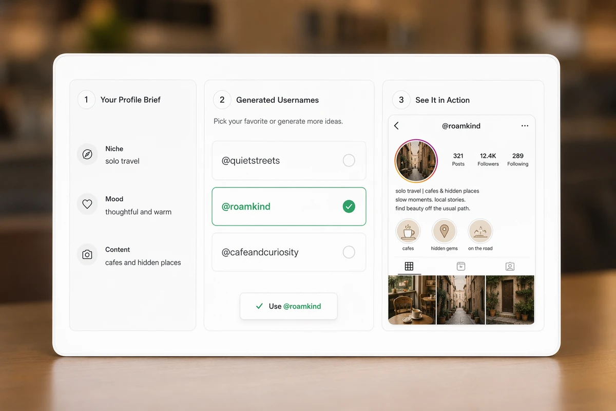 Profile niche and mood notes connected to username options and an Instagram account preview