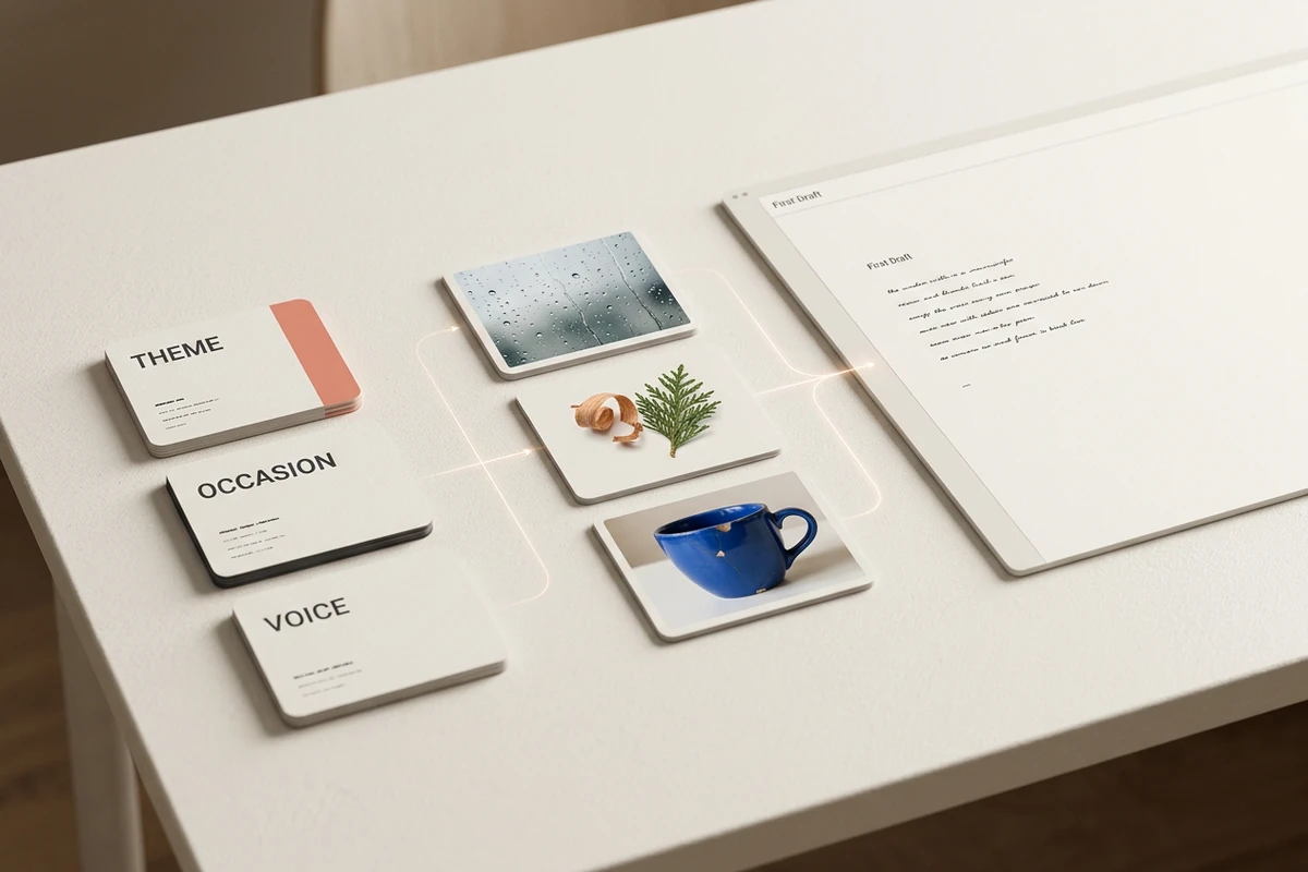 Tarjetas de brief del poema para tema, ocasión y voz pasan por la lluvia, el cedro y una taza azul astillada hasta un primer borrador con aspecto de papel.