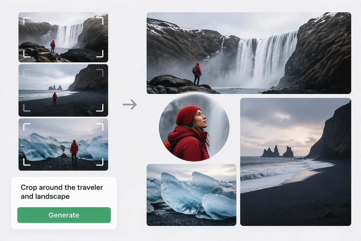 Iceland road-trip photos re-cropped around a traveler and dramatic landscapes
