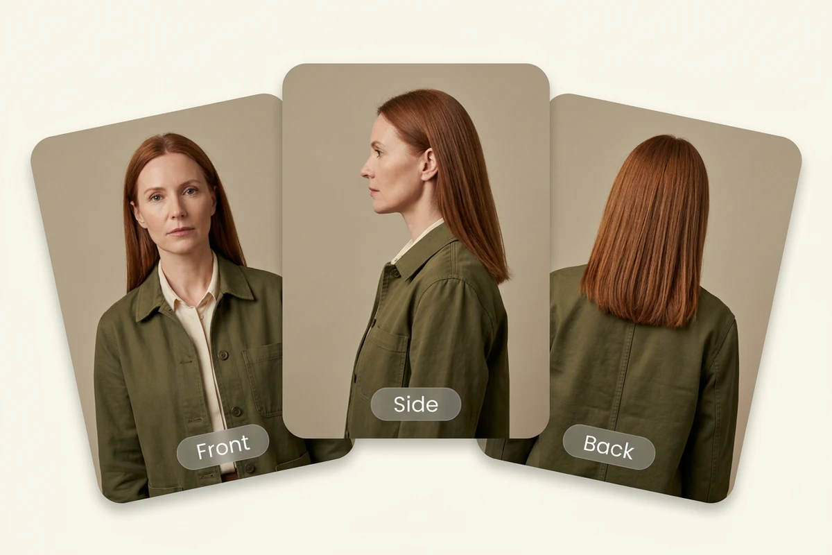 Illustrative front, side, and back views of the same auburn-haired woman in an olive jacket on three overlapping cards.