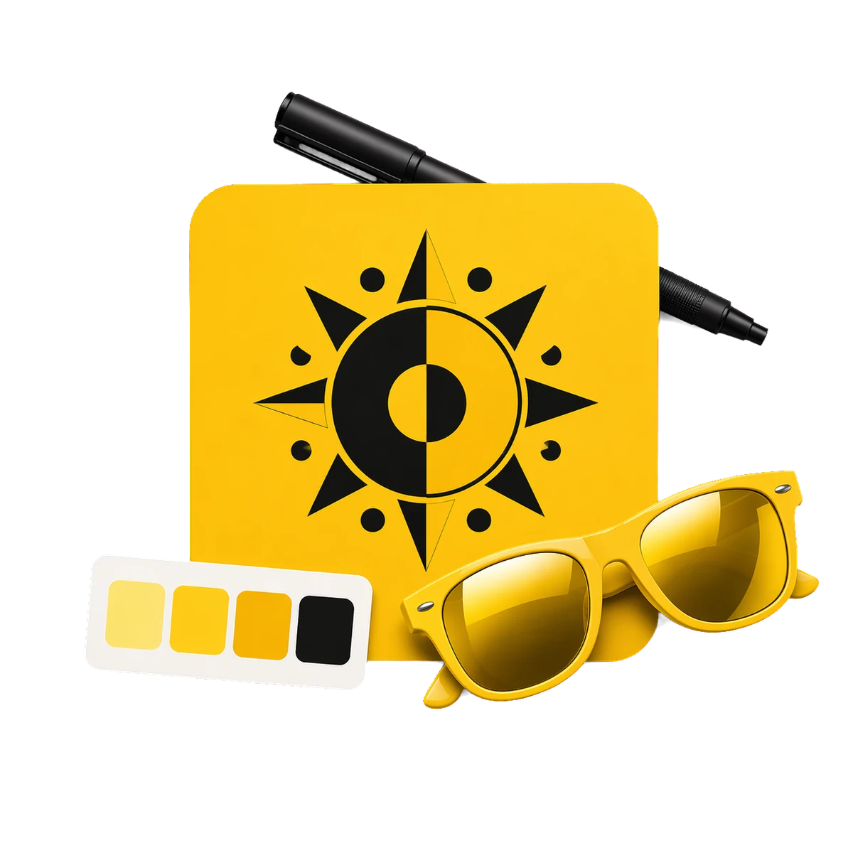 Yellow and black abstract sun logo shown with a color palette, pen, and sunglasses