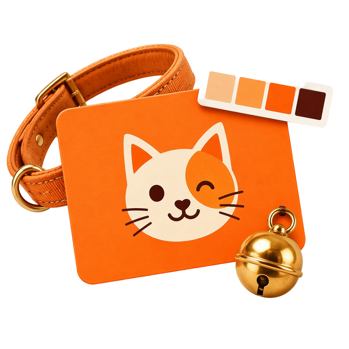 Orange cat logo concept shown with a warm color palette, collar, and bell
