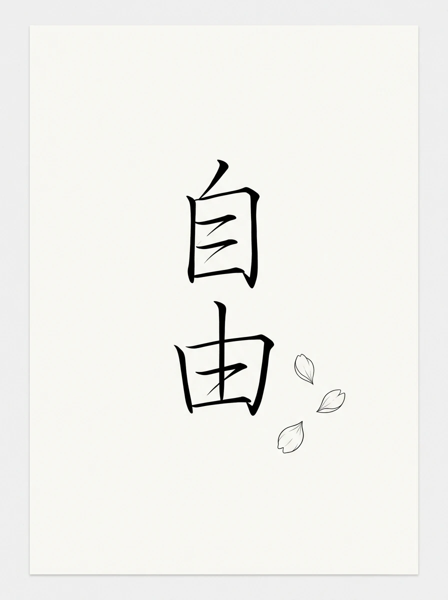 自由の二文字を細い黒インクで描き、小さな桜の花びらを添えたタトゥー案