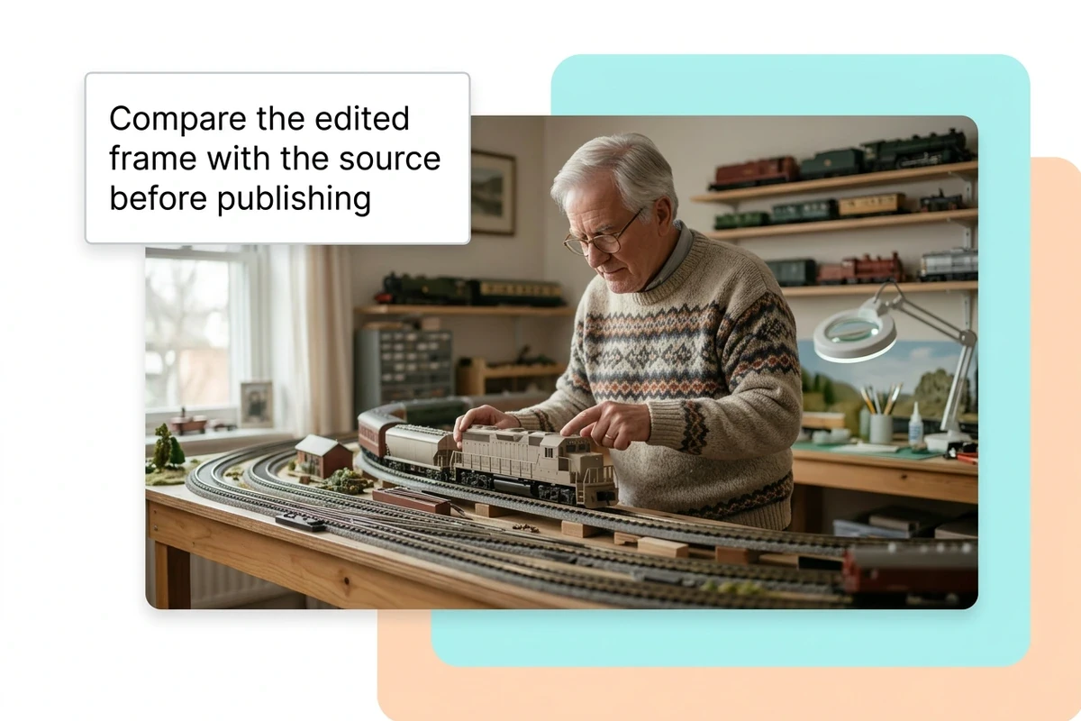 Illustrated model-train hobbyist clip with a prompt to compare the edited frame with its source before publishing.