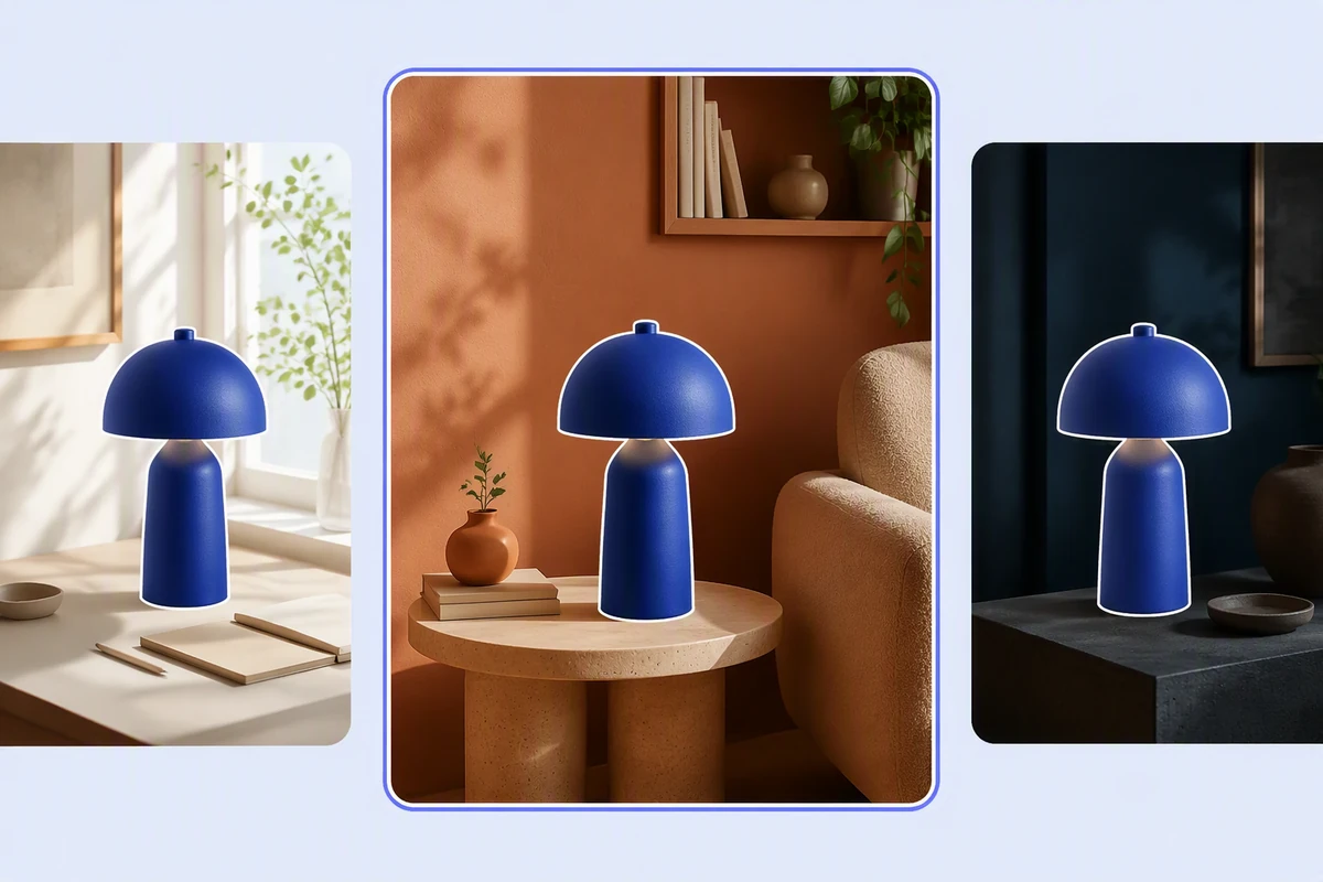 One cobalt table lamp outlined consistently across bright, warm, and dark interior backgrounds