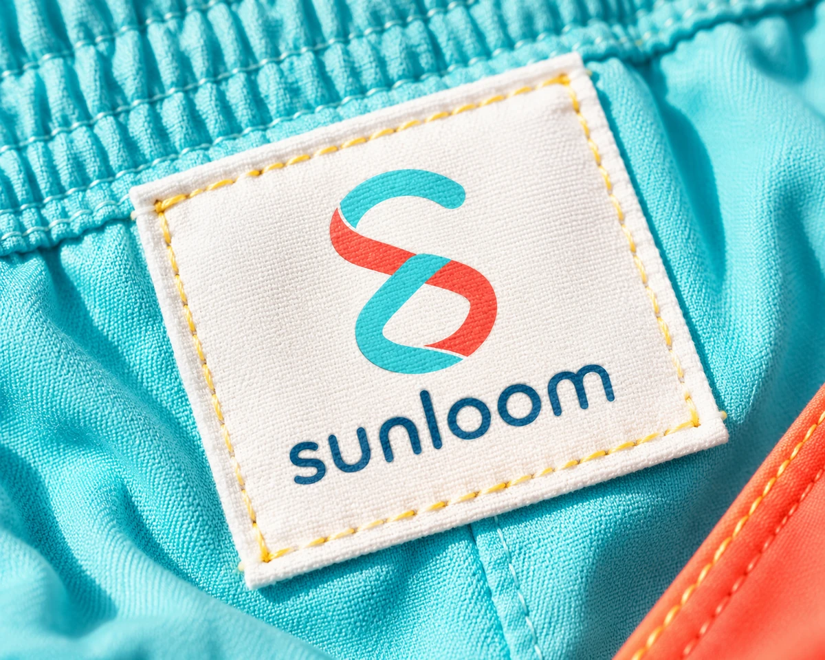 Sunloom ribbon logo and wordmark on a woven garment label