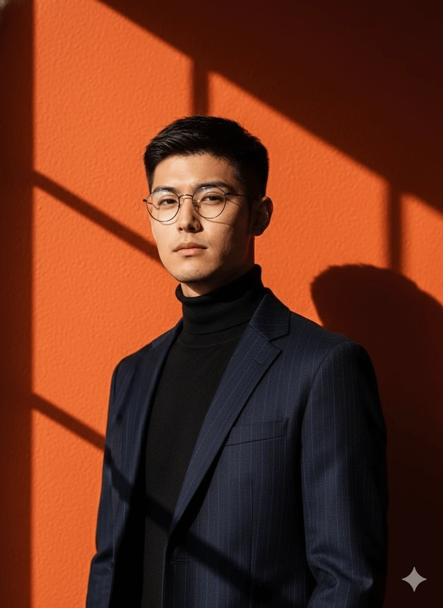 주황 벽 앞 어두운 정장 남성