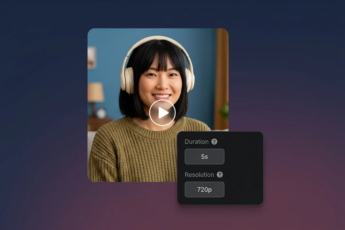 A woman wearing cream headphones appears beside a compact panel showing five seconds and 720p.