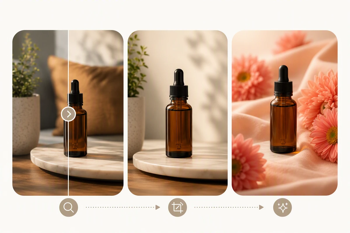 The same amber skincare bottle shown through clarity review, refined cropping, and a polished floral background.
