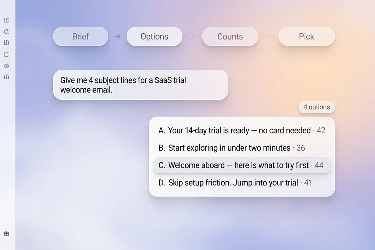 مساحة ناعمة مع شريط Brief–Options–Counts–Pick وقائمة أربعة مواضيع مع عدّ الأحرف.