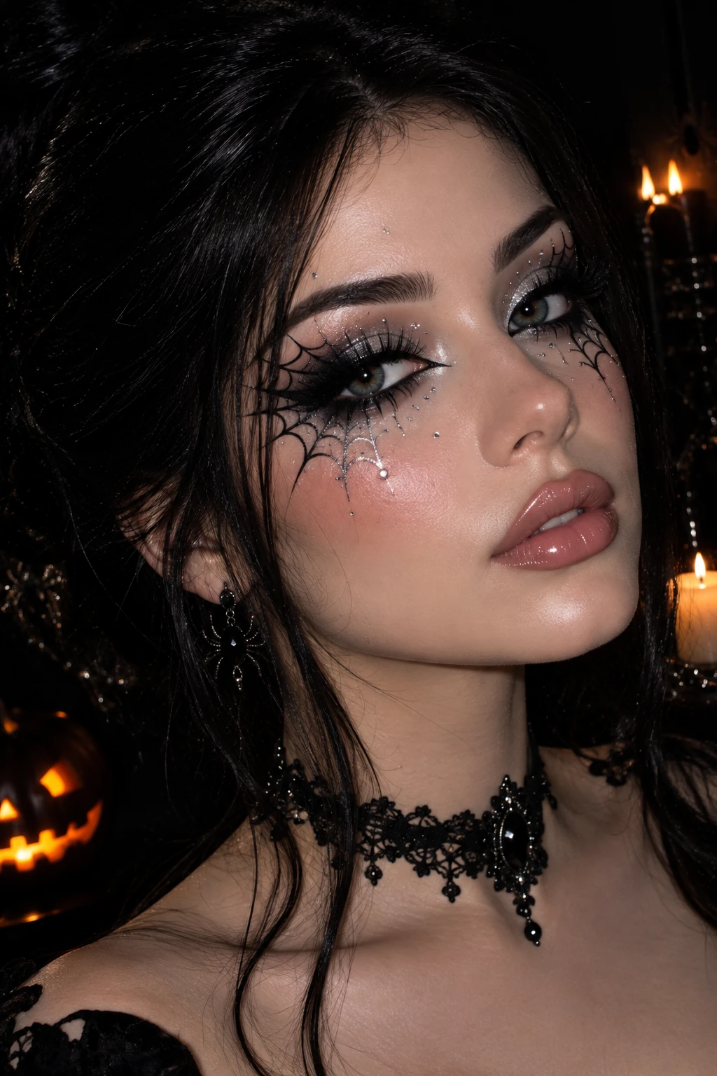 Spiderweb eye makeup at a Halloween party