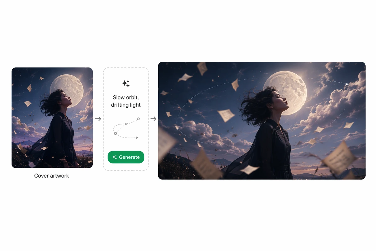 Original album artwork becoming an atmospheric animated music video