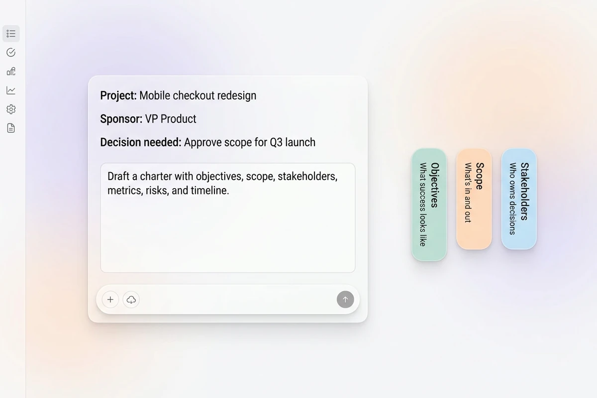 Asymmetric soft composer with project, sponsor, and decision fields beside Objectives, Scope, and Stakeholders chips.