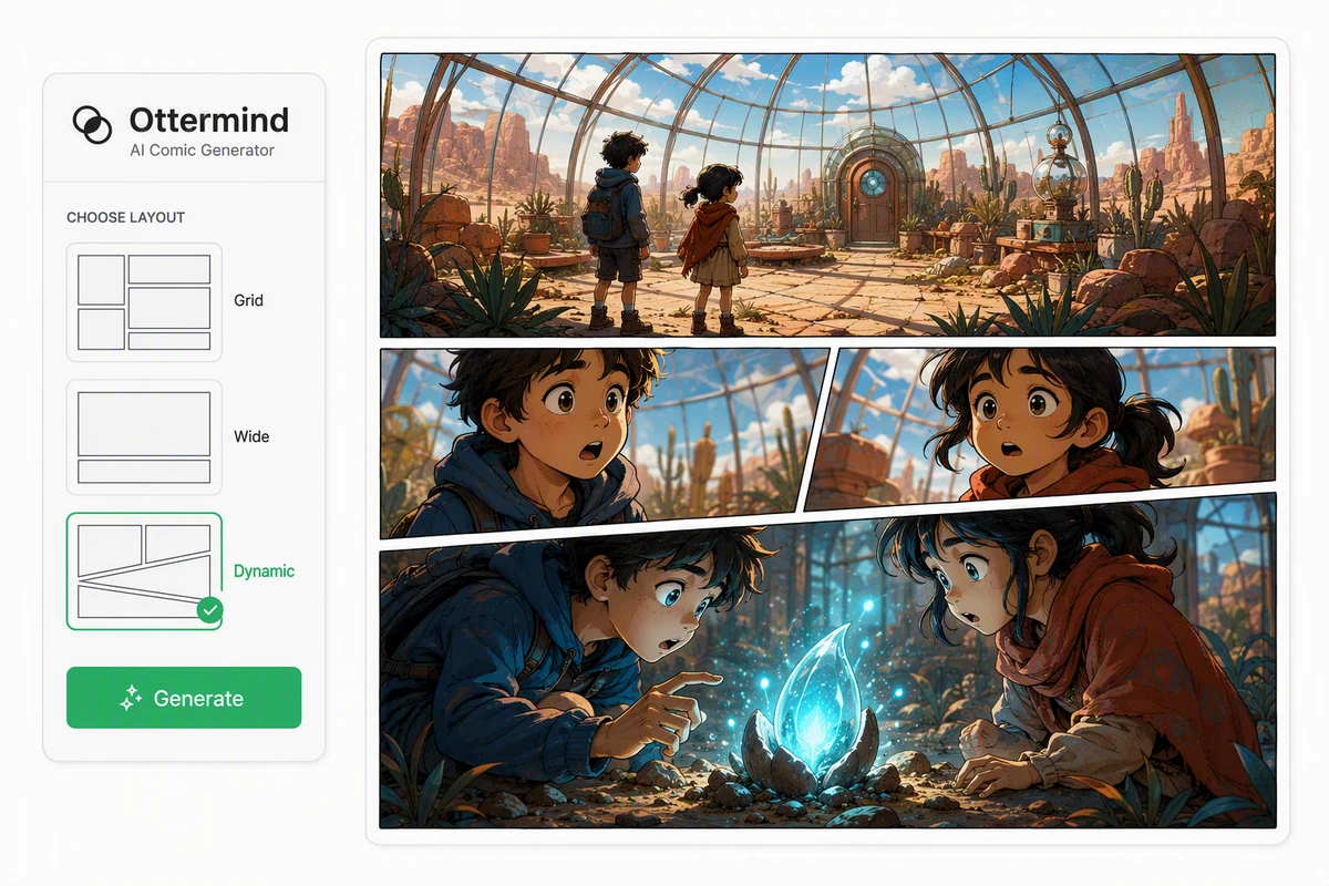 Dos hermanos descubriendo una semilla luminosa en una página de cómic con composición dinámica