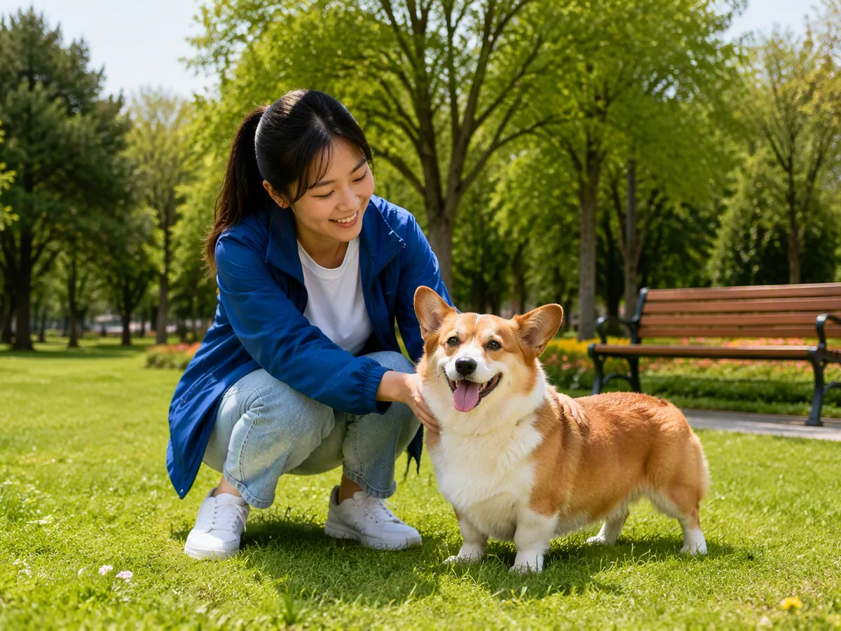 Young East Asian woman in a blue jacket crouching beside a red-and-white corgi in a sunny park.
