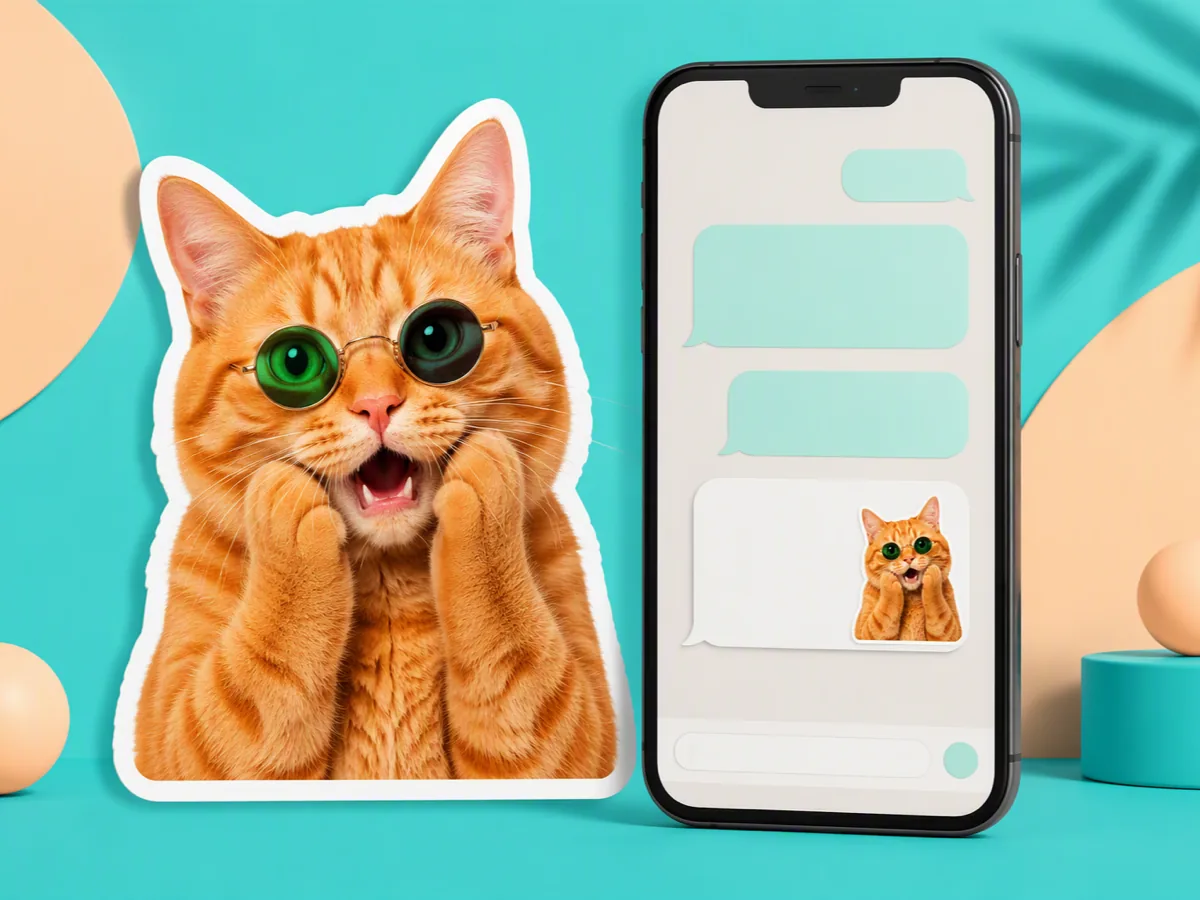 Surprised orange cat in green sunglasses shown as a bold white-outline sticker beside a chat phone.